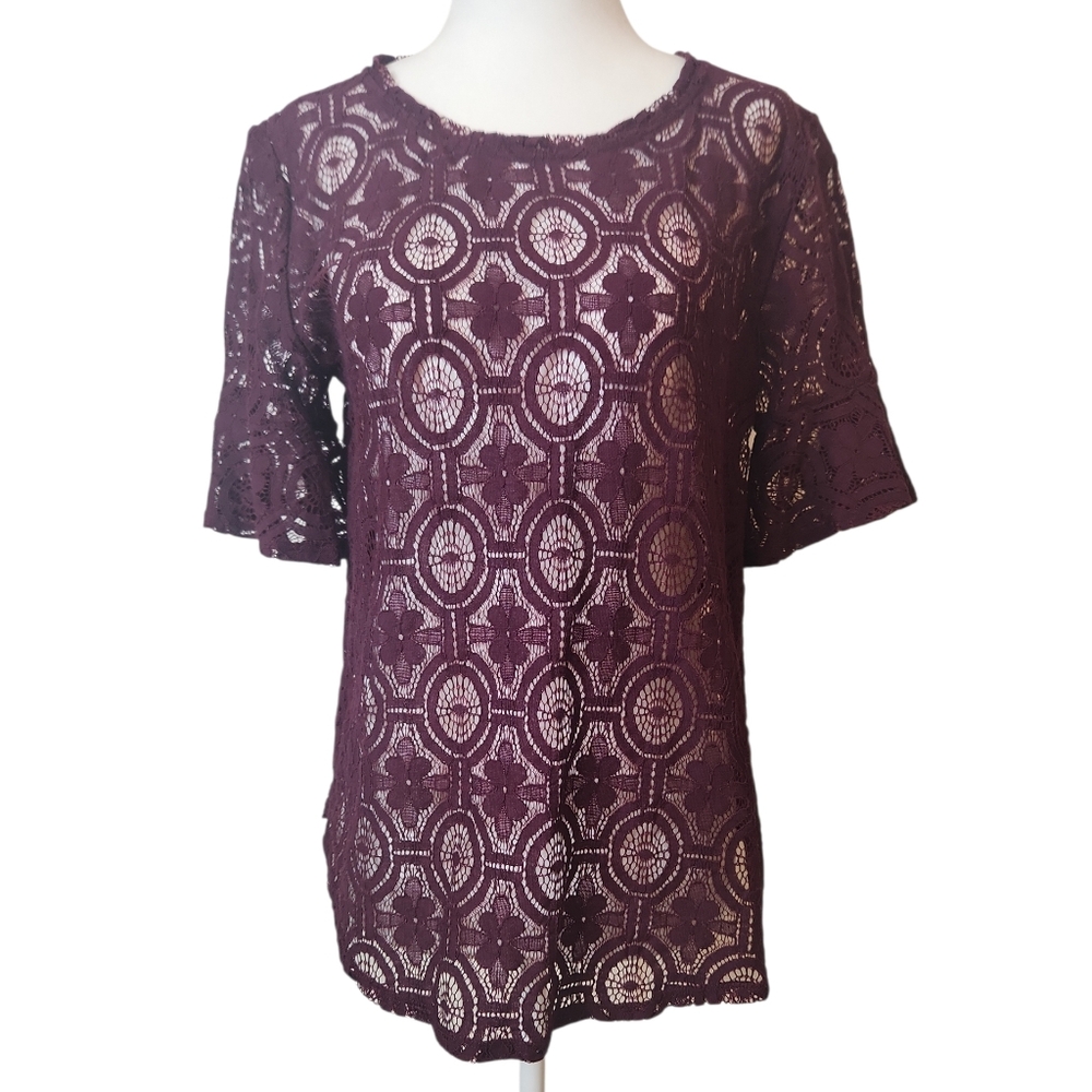 NWOT LOFT Women's Burgandy Lace Whimsigoth Red Flutter Short Sleeve Top Size S